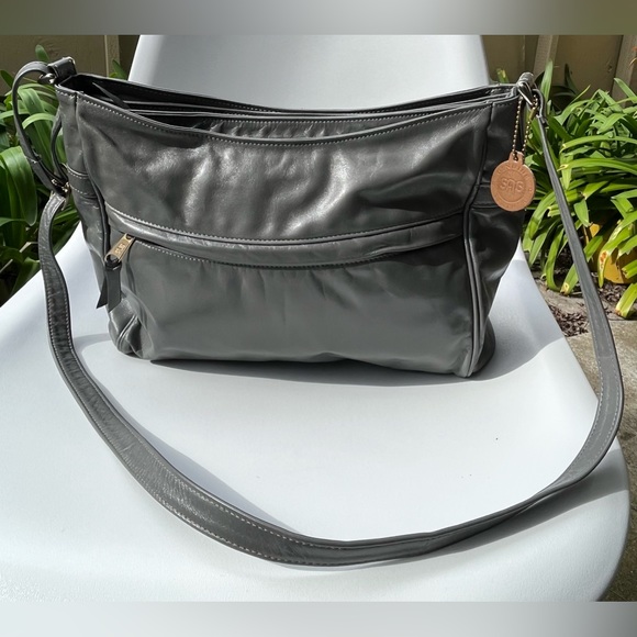 SAS Vintage Genuine Leather Grey Shoulder Bag Zip Closure Grey Hardware - Picture 7 of 7